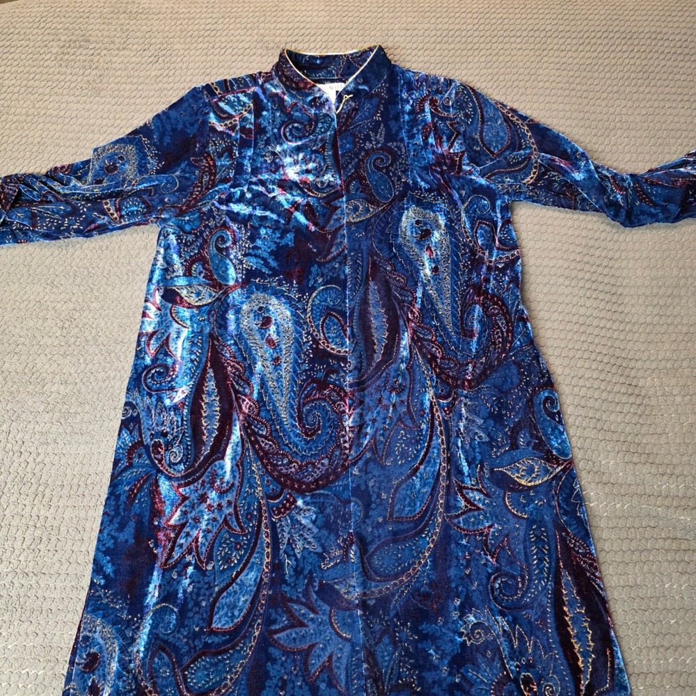 Phases Velvet House Coat Robe M Blue Paisley Metallic Mandarin Collar Zip Front
